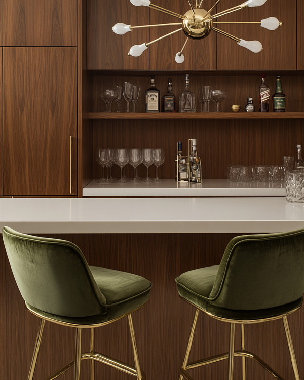 A sleek Mid-Century Modern home bar featuring warm walnut cabinetry, a pristine white quartz countertop, and polished brass bar stools with olive green velvet upholstery. A small Sputnik chandelier hangs above, illuminating a curated collection of glassware and spirits on integrated floating shelves.