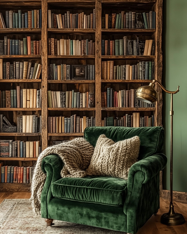 A cozy rustic library featuring reclaimed oak bookshelves filled with books, a deep forest green velvet armchair with a chunky knit wool throw, and an antique brass reading lamp, all set against a warm sage green wall.