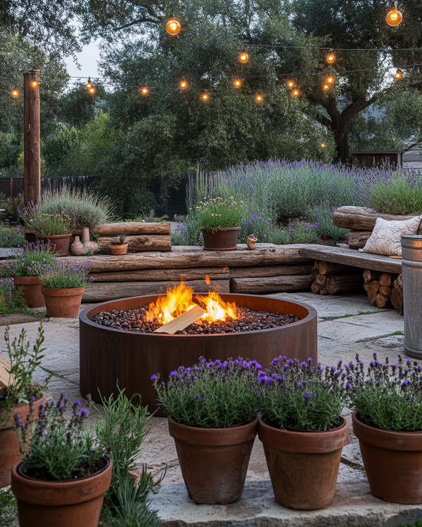 A rustic backyard featuring a central corten steel fire pit, surrounded by natural stone pavers and chunky cedar log benches. Distressed terracotta pots overflow with coneflowers and lavender, while a vintage galvanized tub holds succulents, all under the soft glow of string lights.