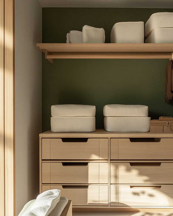 A Japandi-style closet featuring light ash wood shelving and drawers, cream linen storage boxes, and a subtle sage green accent wall, bathed in soft, natural light.