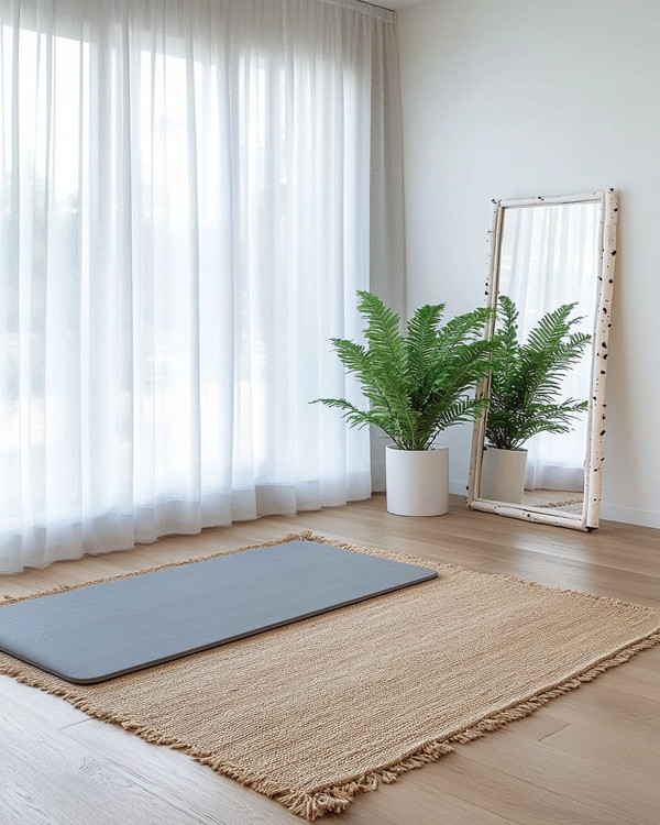 A Scandinavian home gym designed for a seasonal refresh, featuring light wood flooring, white walls, and a large window with sheer curtains. A natural jute rug is placed under a light grey yoga mat, with a potted fern in a white ceramic planter and a simple birch-framed mirror nearby.