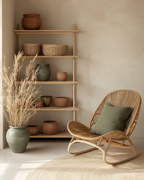 A calm boho garage interior with warm off-white walls, light oak shelving, a natural rattan chair, and muted sage green and terracotta accents in ceramic planters, all bathed in soft, warm light.