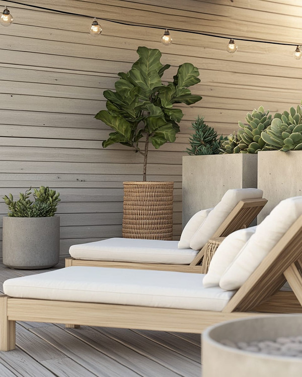 A minimalist boho deck featuring light teak wood lounge chairs with off-white cushions, subtle woven rattan accents, and large concrete planters holding a Fiddle-Leaf Fig and various succulents, all under warm string lights.