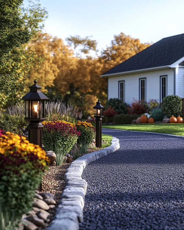 A charming farmhouse driveway leading to a home, featuring a gravel path edged with natural fieldstone, flanked by seasonal planters with colorful mums and pumpkins, and illuminated by dark bronze lantern-style lights on posts.
