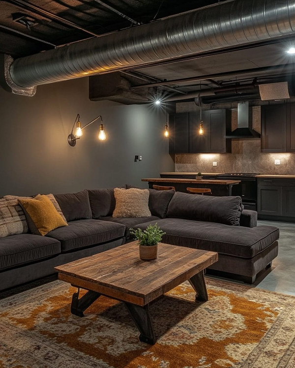 A cozy industrial basement living area with exposed ductwork, a large charcoal sectional sofa, a reclaimed wood coffee table, and an amber-toned area rug, illuminated by warm Edison bulb lighting and task lamps.