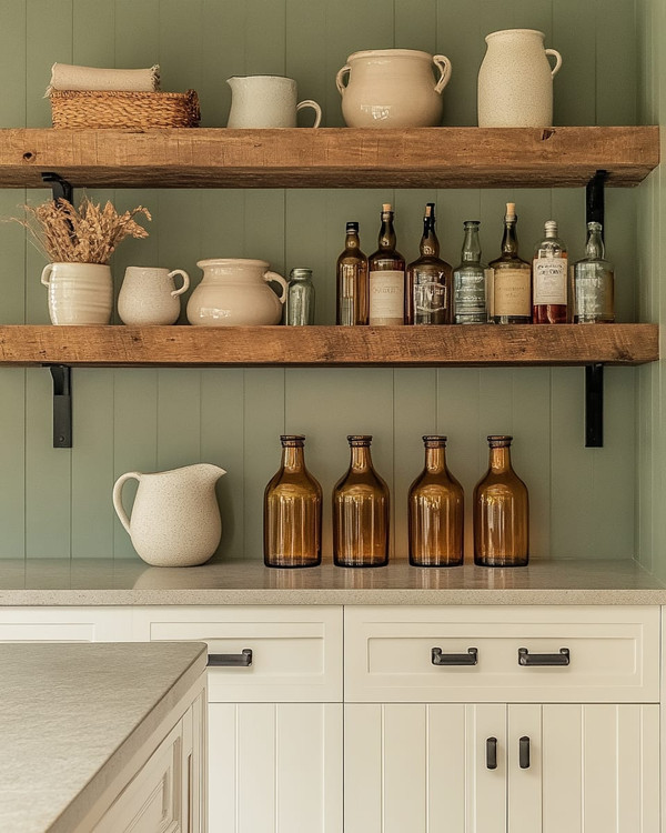 Calm farmhouse home bar featuring warm white shaker cabinets, a honed light grey soapstone countertop, and open reclaimed wood shelving. Amber glass bottles, ceramic pitchers, and matte black hardware complement the serene sage green accent wall.