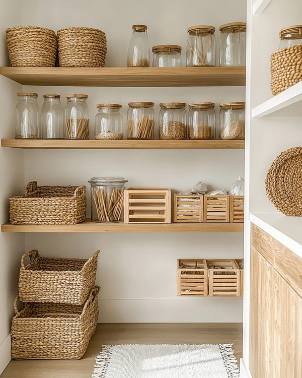A clean boho pantry with light oak open shelving, white walls, and a variety of clear glass jars with bamboo lids. Woven rattan baskets and light wooden crates neatly store pantry items, while a subtle off-white runner adds texture to the floor.