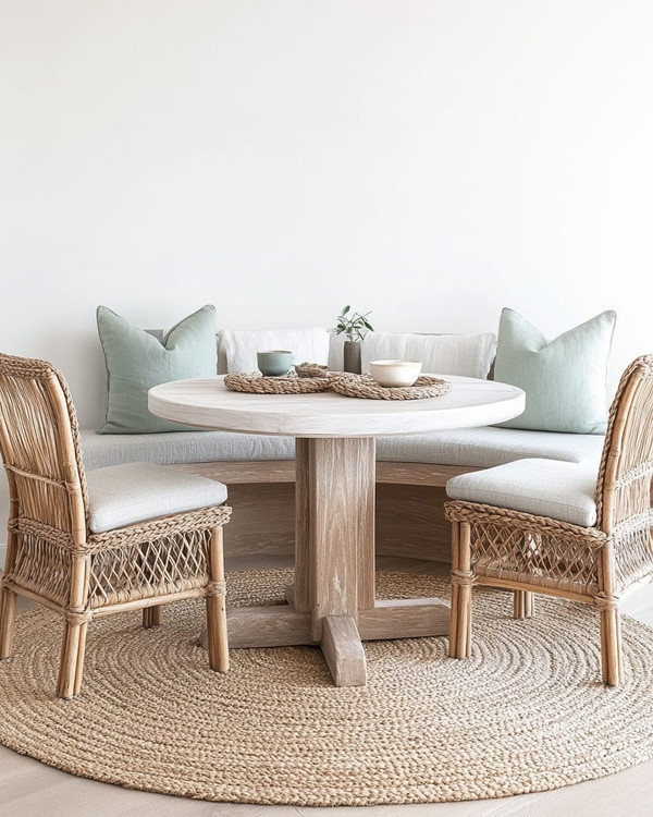 A serene coastal breakfast nook featuring a round bleached oak table with two woven rattan chairs and a light grey upholstered bench, accented with pale seafoam green throw pillows and a natural jute rug.