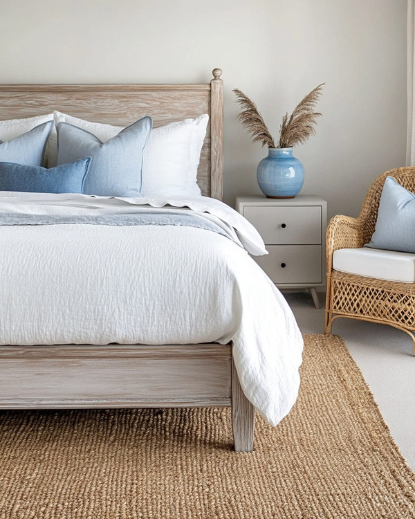 Coastal bedroom with a calming color palette featuring a whitewashed wooden bed frame, crisp white linen bedding, and soft blue throw pillows. A natural jute rug grounds the space, while a rattan armchair and a light grey nightstand with a ceramic vase complete the serene atmosphere.