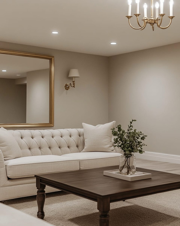 A refined traditional basement living area featuring light greige walls, a tailored neutral linen Chesterfield sofa, and a simple dark wood coffee table. Recessed lighting and a classic brass-finished chandelier illuminate the space, complemented by a large unframed mirror and minimalist decor.