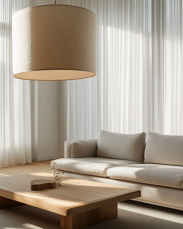 A Japandi family room showcasing a large, linen-shaded drum pendant light, a low-profile light grey sofa, and a minimalist oak coffee table, with soft daylight filtering through sheer curtains.
