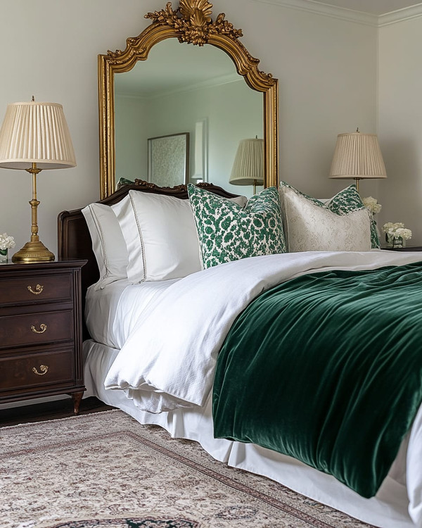 A traditional bedroom featuring a bed dressed in white and cream sateen bedding, layered with a deep emerald green velvet throw and patterned decorative pillows. A large ornate gold-framed mirror hangs above a dark wood dresser, flanked by classic brass table lamps with pleated fabric shades. A muted Persian-style rug covers the floor.