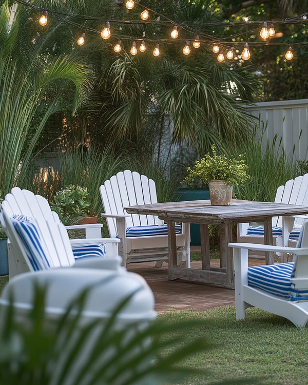 A serene coastal backyard featuring white Adirondack chairs, a weathered teak dining table, and blue and white striped outdoor cushions under strung Edison bulb lights, surrounded by lush green ornamental grasses and potted sago palms.