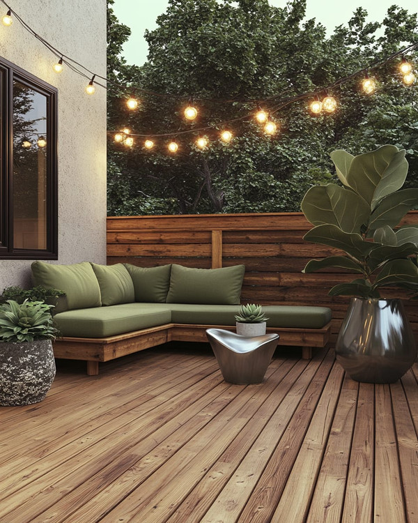 A budget-friendly Mid-Century Modern deck featuring stained pine decking, a low-slung sofa with olive green cushions, and a kidney-shaped side table. Fiberglass planters hold architectural succulents and a large fiddle-leaf fig, all under string lights with exposed bulbs.