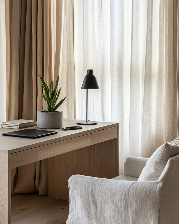 A serene Japandi home office with a pale oak desk, a minimalist matte black desk lamp, and an off-white linen armchair. Natural light streams through sheer curtains, illuminating a small snake plant in a raw concrete planter.