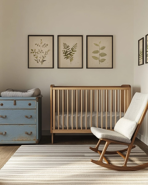 A modern baby and kids room featuring a natural maple crib, a mid-century modern rocking chair with grey linen upholstery, and a vintage wooden toy chest in faded blue. The walls are painted in a warm off-white, complemented by a subtle striped rug and a collection of vintage framed botanical prints.