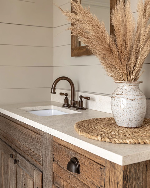 A cozy rustic powder room featuring a reclaimed wood vanity with an off-white quartz countertop, an oil-rubbed bronze faucet, and shiplap walls painted in a soft greige. A woven jute rug sits on the floor, and a ceramic vase with dried pampas grass adorns the counter.