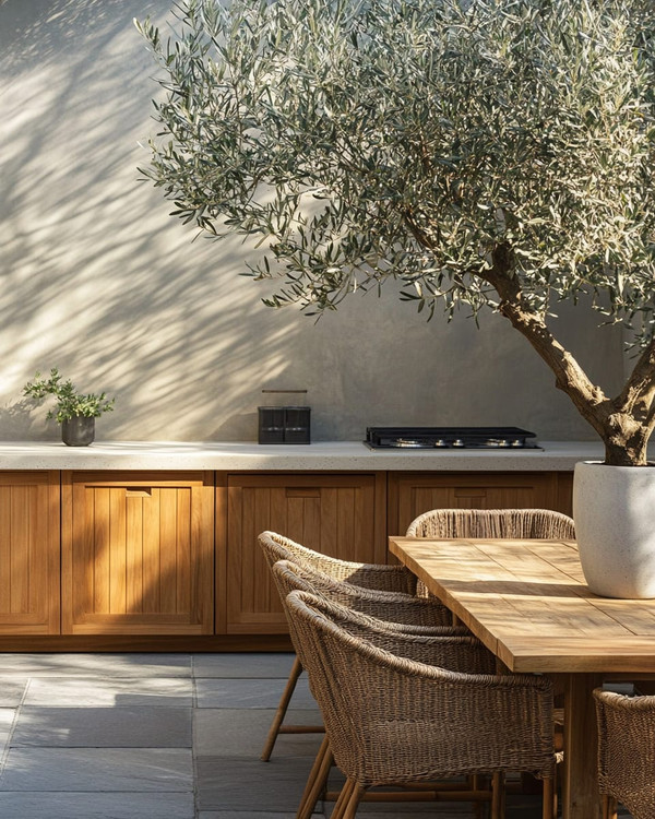 Japandi outdoor kitchen featuring untreated teak cabinetry, honed concrete countertops, and bluestone pavers. Minimalist rattan dining chairs surround a solid wood table, with an olive tree in an unglazed ceramic planter providing a natural accent.