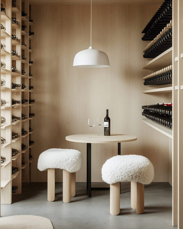 A small Scandinavian wine cellar with light ash wood shelving, a light gray concrete floor, and matte black metal wine racks. A minimalist white pendant light hangs over a small, round light wood tasting table with two simple stools covered in white sheepskin throws.