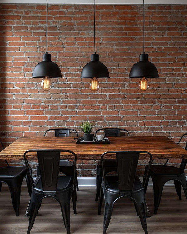 Industrial breakfast nook featuring a reclaimed wood table, black metal chairs, and three matte black dome pendant lights hanging low. An exposed red brick wall provides a textured backdrop, and an exposed Edison bulb sconce adds warm, ambient lighting.