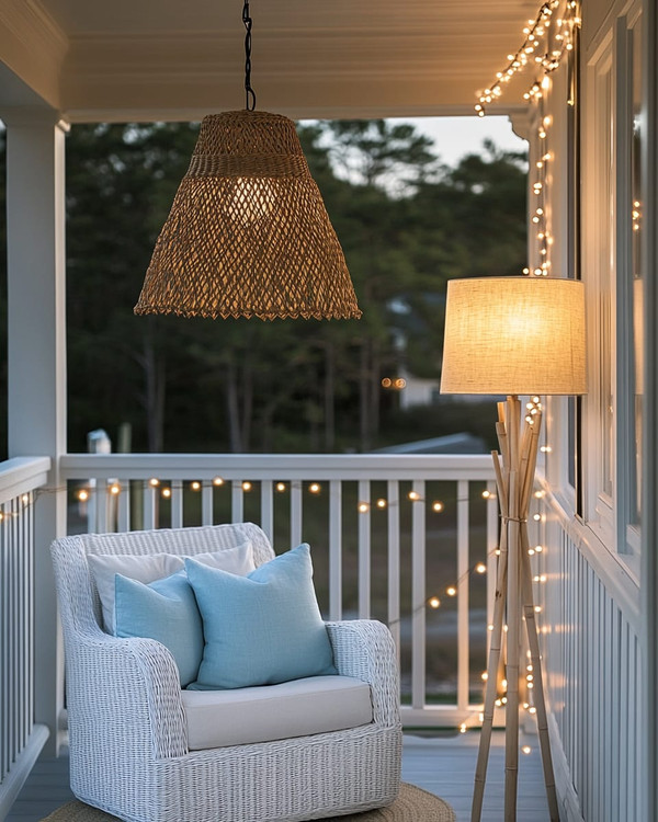 A well-lit coastal porch at dusk, featuring a woven rattan pendant light, string lights draped along the railing, and a floor lamp with a linen shade next to a white wicker chair with soft blue throw pillows.