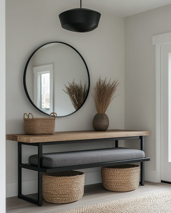 A modern mudroom features a natural oak console table with a minimalist black metal frame, paired with a charcoal grey upholstered bench. Overhead, a matte black sculptural flush-mount light illuminates the space, complemented by a large, frameless circular mirror above the console and woven jute baskets for storage.