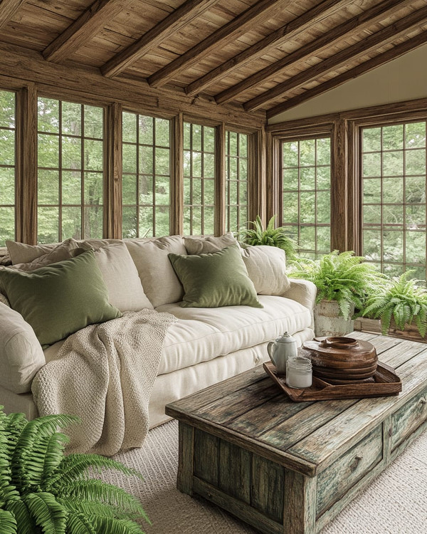 A rustic sunroom featuring a natural wood ceiling, a comfortable sofa with cream linen cushions, a chunky knit throw, and sage green accent pillows, surrounded by potted ferns and a vintage distressed wooden coffee table.