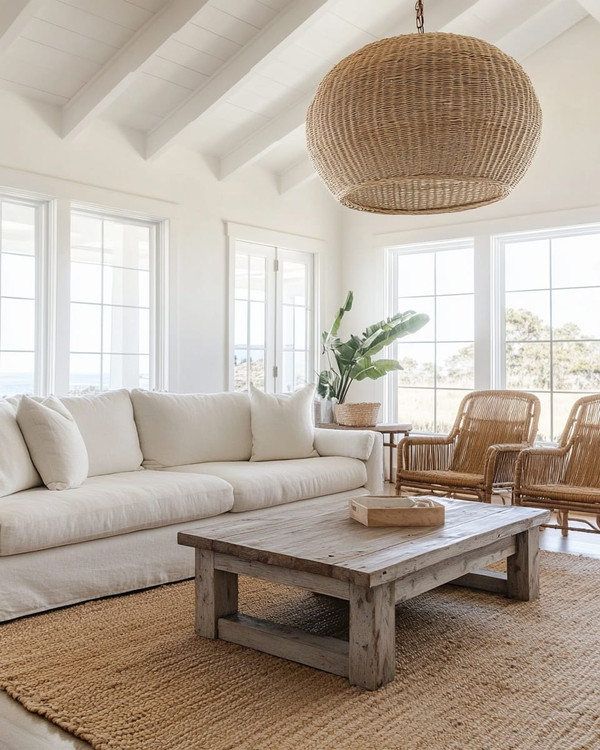 A bright coastal great room featuring a large off-white linen sofa, a reclaimed wood coffee table, and a natural jute area rug. Rattan armchairs flank the space, while a large woven pendant light hangs from the ceiling, all under ample natural light.