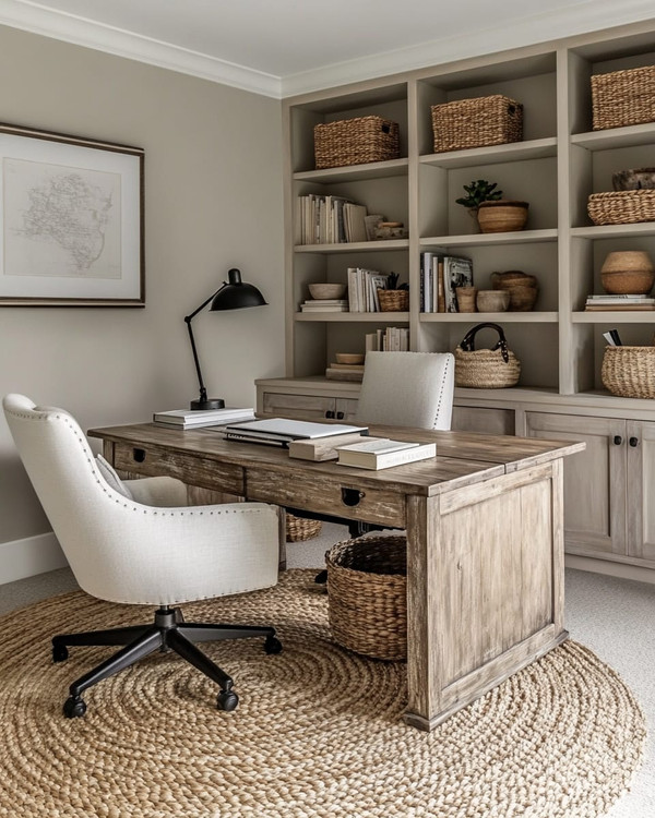 A warm farmhouse home office featuring a large distressed oak desk, a cream linen office chair, open shelving with books and woven baskets, and walls painted in a soft greige. A braided jute rug grounds the space, and a matte black task lamp sits on the desk.