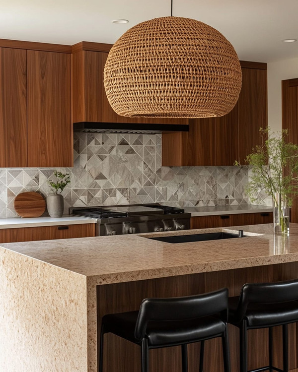 A Mid-Century Modern kitchen featuring flat-panel walnut cabinetry, a honed quartzite island, and a geometric terrazzo backsplash. A large woven rattan pendant light hangs above the island, which is flanked by black leather bar stools, all in soft natural daylight.
