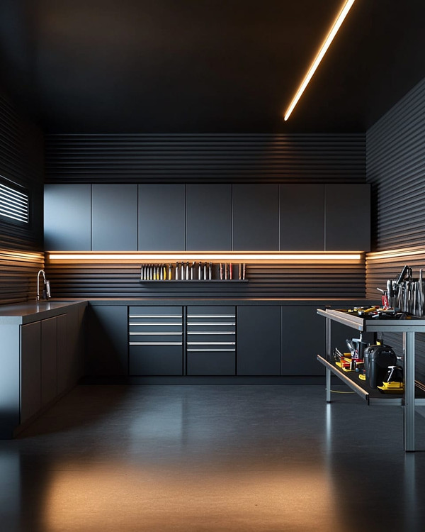 A modern minimalist garage featuring matte charcoal gray flat-panel cabinets, polished concrete flooring, integrated LED strip lighting, and a stainless steel workbench with organized tools on a dark slat wall.