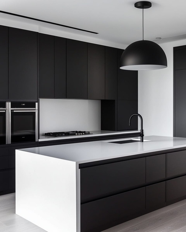 A sleek modern kitchen featuring matte black handleless cabinetry, white quartz countertops, integrated stainless steel appliances, and a minimalist black pendant light over a large kitchen island.
