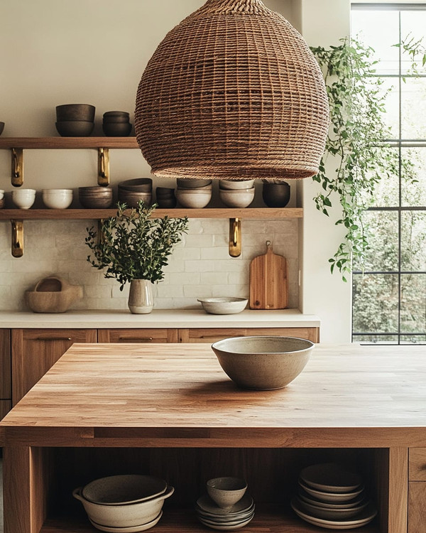 A bohemian kitchen featuring a large woven rattan pendant light above a wooden island with fresh greenery, open shelving with ceramic dishes, and warm brass fixtures creating a cozy, inviting ambiance.