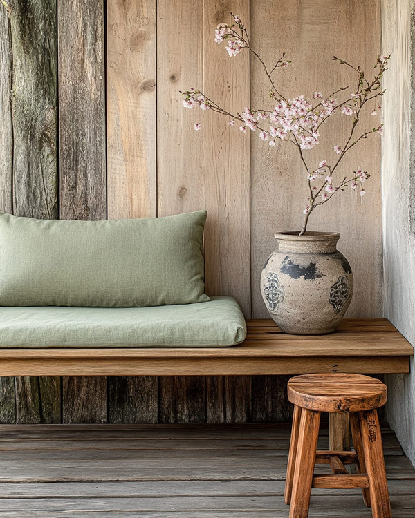 A Japandi porch blending vintage and modern, featuring a low-slung teak bench with a sage green linen cushion, a small hand-carved wooden stool as a side table, and a vintage Japanese stoneware vase with a single cherry blossom branch, all set against a backdrop of weathered wood and concrete planters.