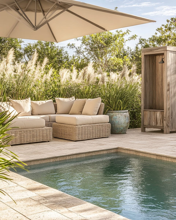 A serene coastal pool area featuring light travertine pavers, deep-seated wicker outdoor sofas with sand-colored cushions, and a large cantilever umbrella providing ample shade. Lush green ornamental grasses in weighty ceramic planters frame the space, while a weathered wood outdoor shower stands nearby.