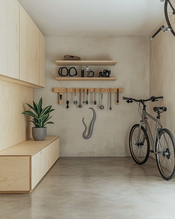 A small Japandi garage featuring light birch plywood cabinetry, a polished concrete floor, and walls painted in a soft off-white. A minimalist bamboo storage bench sits against one wall, with a single snake plant in a grey ceramic pot. Wall-mounted racks hold neatly organized tools, and a bicycle is suspended, maximizing floor space.