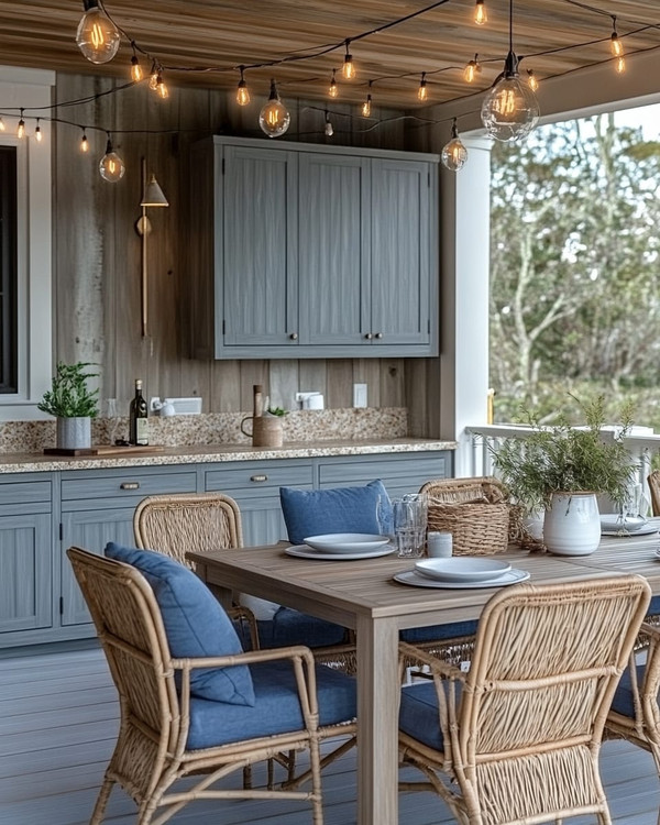Cozy coastal outdoor kitchen featuring weathered gray cabinetry, honed travertine countertops, a teak dining table with comfortable cushioned chairs, and warm string lights overhead, accented with woven rattan and soft indigo textiles.