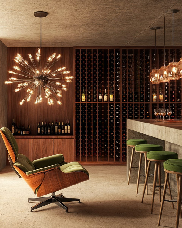 Mid-Century Modern wine cellar featuring a walnut Eames Lounge Chair, a Sputnik chandelier, sleek teak wine racks, and a concrete tasting bar with green upholstered stools.