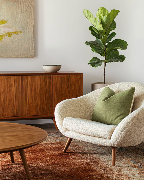 A Mid-Century Modern living room featuring a rich walnut credenza, a teak coffee table, and a cream bouclé lounge chair. The space is anchored by a wool rug in deep terracotta, accented with sage green linen pillows, and houses a tall fiddle-leaf fig in an unglazed ceramic planter.