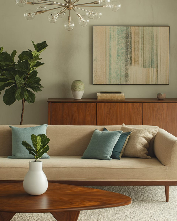 A Mid-Century Modern great room featuring a low-slung sofa in warm beige, a walnut credenza, and a Noguchi coffee table. Accents of sage green and a muted sky blue are visible in throw pillows and a ceramic vase, with a Sputnik chandelier overhead and a Fiddle Leaf Fig in a white planter.