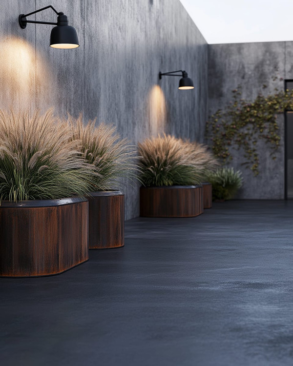 An industrial driveway featuring dark gray sealed concrete, bordered by robust steel edging, with matte black gooseneck lighting fixtures mounted on a raw concrete wall and large Corten steel planters filled with hardy ornamental grasses.