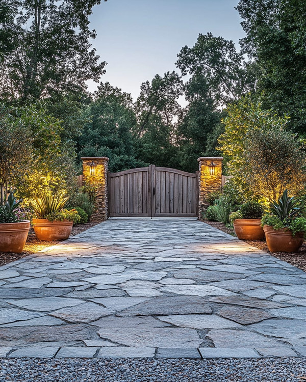 Rustic driveway with warm grey gravel and large, irregular flagstones leading to a wooden gate. The scene is enhanced by low-level pathway lights, subtle uplighting on surrounding trees, and terracotta planters filled with native greenery, all under a soft, twilight glow.