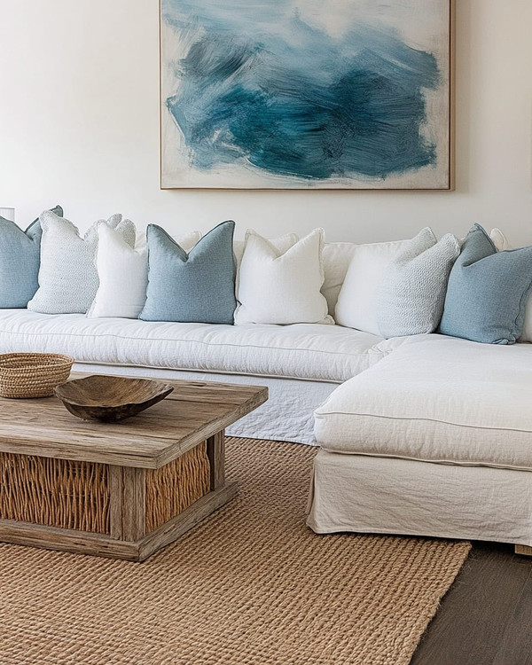 A serene coastal family room featuring a large linen slipcovered sectional sofa, a reclaimed wood coffee table, and a woven jute rug. Soft blue and white throw pillows add subtle color, complemented by a large abstract ocean-inspired artwork above the sofa and natural rattan accents.