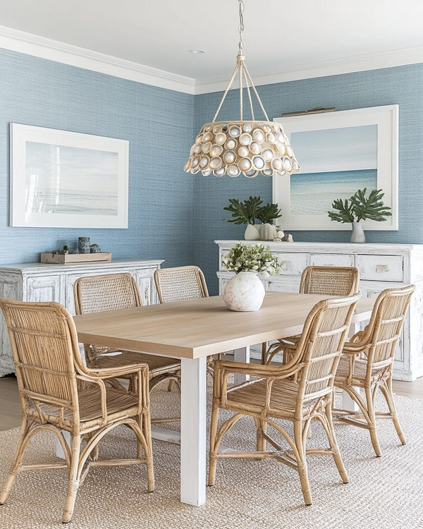 A coastal dining room featuring a light oak modern dining table, vintage rattan chairs, a distressed white buffet, and a contemporary capiz shell chandelier, with walls painted in a soft Palladian Blue.