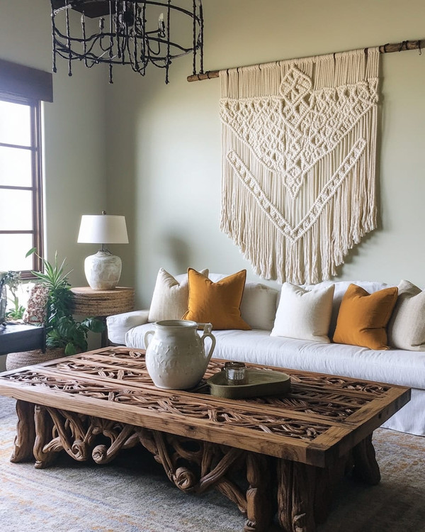 A Farmhouse Craft living room featuring a large, hand-carved reclaimed oak coffee table, a woven macrame wall hanging in ivory, and a wrought-iron chandelier, with ceramic table lamps and deep ochre throw pillows.
