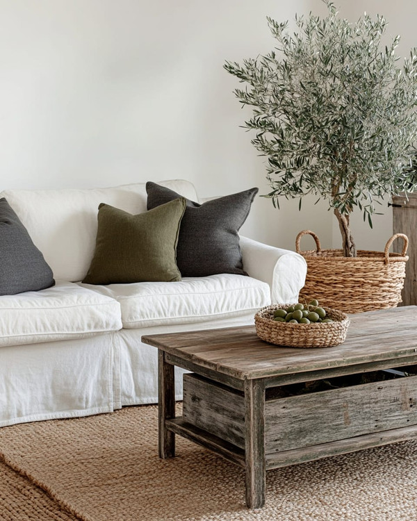 A cozy farmhouse living room featuring a cream slipcovered sofa, a distressed wooden coffee table, and a jute area rug. Neutral tones dominate, with accents of charcoal and muted green in throw pillows and a large olive tree in a woven basket, all bathed in soft, inviting light.