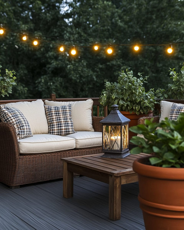 A cozy farmhouse deck features deep-seated wicker furniture with cream cushions and plaid throw pillows, illuminated by warm string lights and a metal lantern. Terracotta pots with lush greenery and a rustic wooden coffee table complete the inviting outdoor scene.