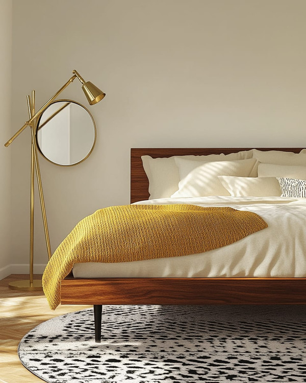 A renter-friendly Mid-Century Modern bedroom featuring a walnut platform bed with a cream duvet, a mustard yellow knit throw, and a graphic black and white area rug. Brass multi-arm floor lamp and a simple round mirror accent the space.
