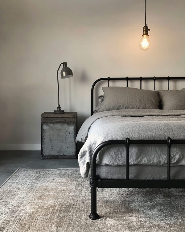 An industrial bedroom featuring a black metal bed frame, a grey washed linen duvet, and an exposed Edison bulb pendant light hanging from the ceiling. A dark wood nightstand holds a concrete-look lamp, and a large, distressed area rug covers the light grey floor.
