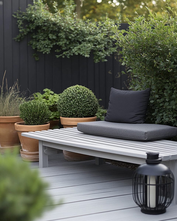 A Scandinavian backyard featuring a light grey wooden deck, a simple slatted teak bench with a charcoal grey outdoor cushion, and a minimalist black metal lantern. Greenery includes potted evergreen shrubs and ornamental grasses in terracotta pots, creating a serene, natural ambiance.